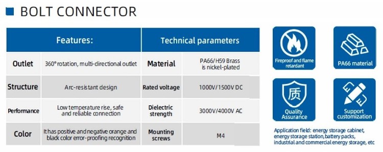 CN08-LSP200A-01-LM, 200A, 1500V DC болтовый коннектор гаечный тип, оранжевый
