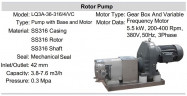 Nockenpumpe für viskose Flüssigkeiten LQ3A-36-316/4/VC, 3,8-7,6 m3/h, 0,3 MPa, 5,5 kW, 200-400 U/min, 380 V, 50 Hz, AISI 316