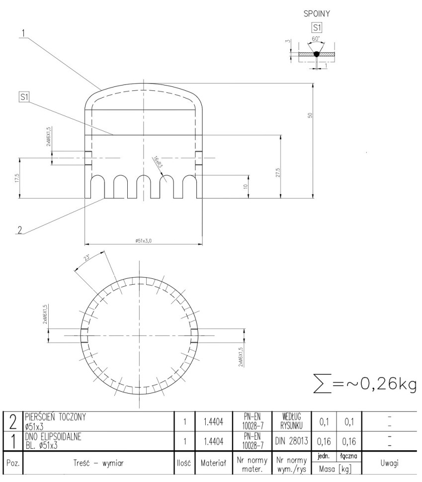 Nasadka kolumny destylacyjnej i rektyfikacyjnej f51x3mm wykonana ze stali nierdzewnej AISI 316L